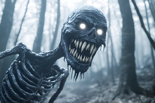 A monstrous figure with textured dark skin and a wide toothy grin dominates the foreground of a dark forest scene