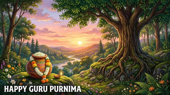 Scenic rural river landscape vector poster for happy guru purnima featuring a massive ancient banyan tree at sunset