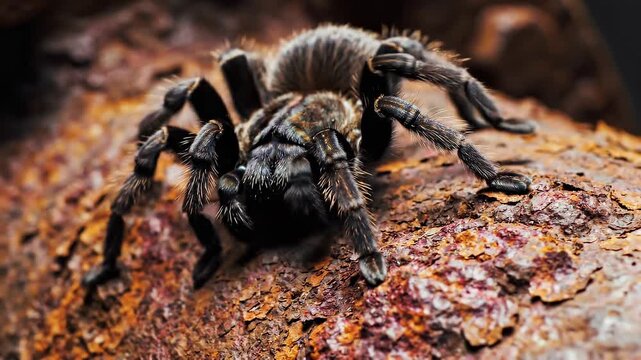 tarantula spider crawling along metal pipe surface, close-up of hairy legs in industrial environment, pest presence and contamination risk in infrastructure, dark moody scene with danger concept