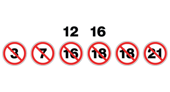 Prohibition signs with numbers red circle slash icons on white background