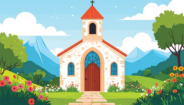 Small white church with red roof.