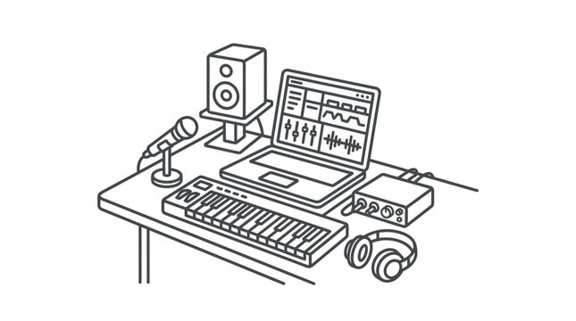 Home music studio setup with laptop and MIDI keyboard