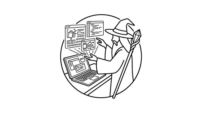 Line art illustration of a wizard developer at computers.