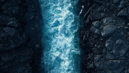 Obraz premium Abstract Blue Ocean Waves with White Foam, Stormy Sky and Coastal Nature, Wet Textured Surf, Tide, River and Submarine Depths