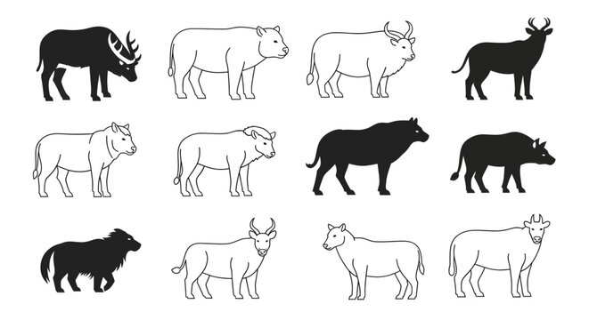 A collection of various bovine animals, including cattle, buffalo, and bison, depicted in black silhouettes and white outlines.