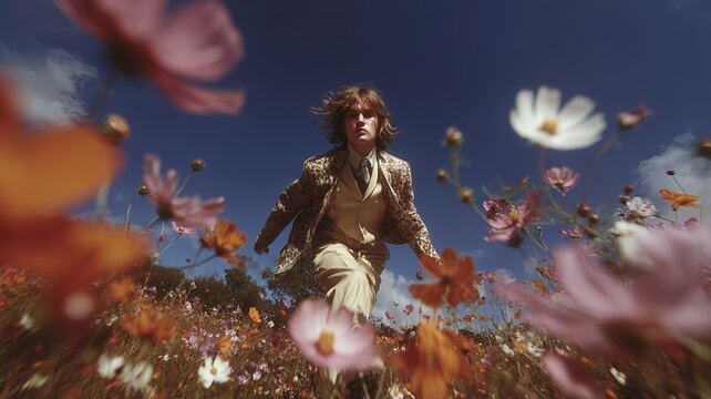 A young man in a field with wildflowers. An illustration on the theme of dreams and feelings, mood and cinema.	
