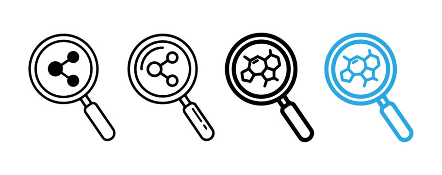 Vibrant flat-style illustration showing four magnifying glasses examining different molecular structures with increasing complexity, featuring black and white line art alongside