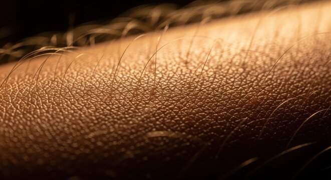 Extreme Close-up of Human Skin with Goosebumps and Hair Under Warm Dramatic Lighting