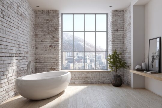 Modern bathroom with freestanding tub and large window view.