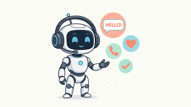 Robot wearing headset with hello speech bubble blue eyes communication customer service
