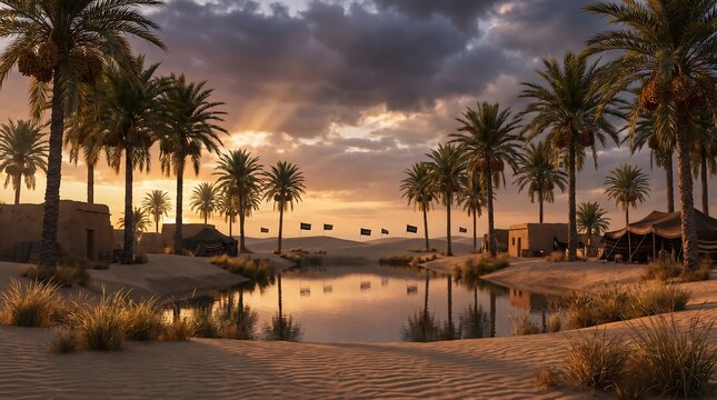 Palm trees silhouetted against a fiery sunset over Karbala.