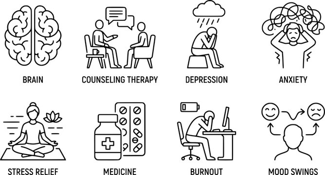 Mental health line icons set. Vector psychology and emotional balance outline icons pack.