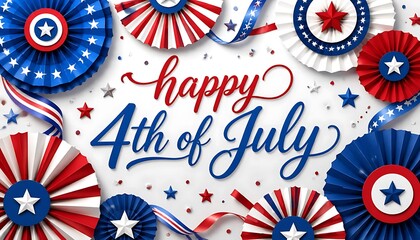 Obraz premium Happy 4th of july cursive text with patriotic rosettes and ribbons festive design