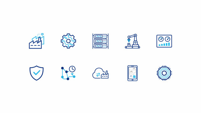 Blue technology icons on white background tech symbols minimalistic design digital illustration