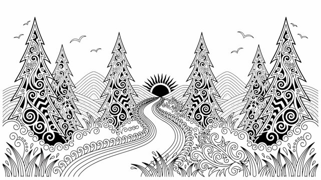 Black and white forest landscape with sun and birds trees illustration vector
