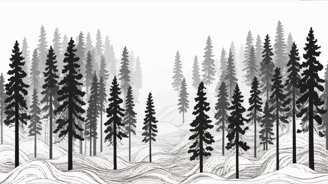 Black pine trees on snowy hill, vector illustration winter landscape forest snow