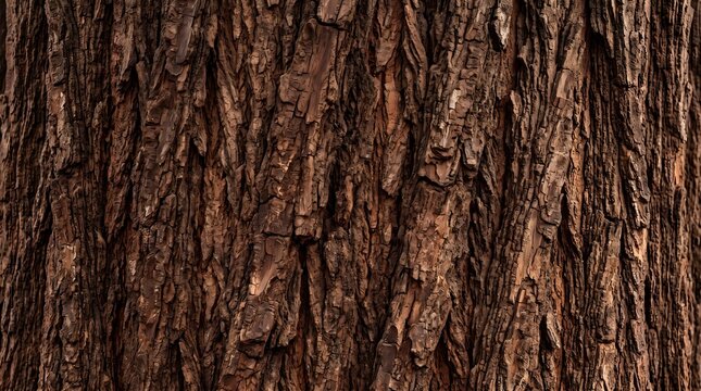 The rough brown bark of a tree trunk is shown up close outdoors.