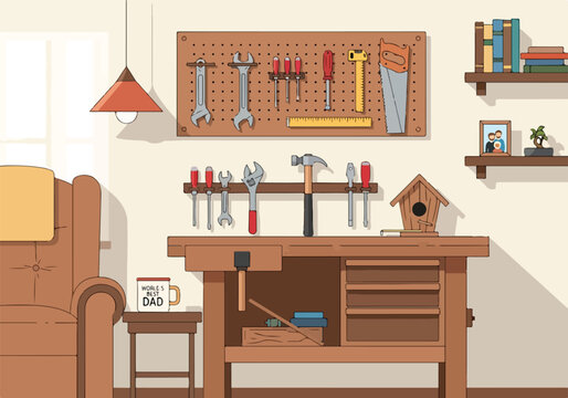 A cluttered workshop with various tools