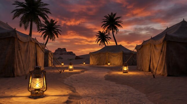Palm trees silhouetted against a fiery sunset over Karbala.