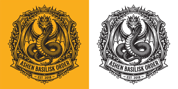 Ornate Ashen Basilisk Order shield emblem logo design