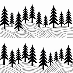 Obraz premium Black pine trees on wavy hills landscape vector illustration tree silhouettes