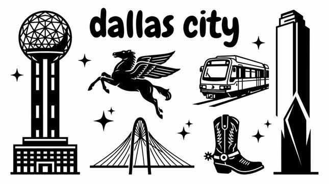 dallas city skyline urban architecture downtown landmark set collection travel tourism america usa landscape historic destination famous district with texas reunion tower sunset