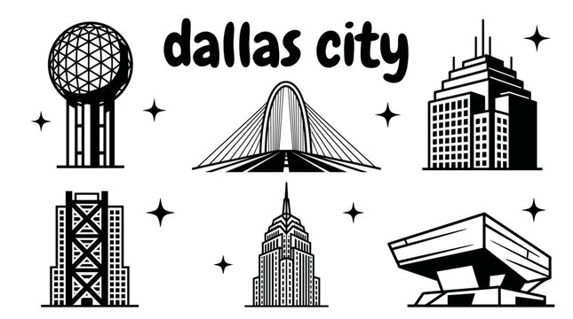 dallas city skyline urban architecture downtown landmark set collection travel tourism america usa landscape historic destination famous district with texas reunion tower sunset