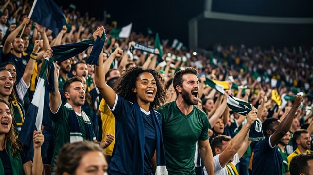 Passionate soccer fans cheering and celebrating victory in a crowded stadium at night