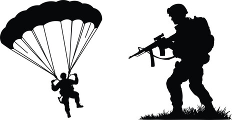Obraz premium Military paratrooper and soldier silhouette vector, airborne assault forces icons for defense tactical operations and security