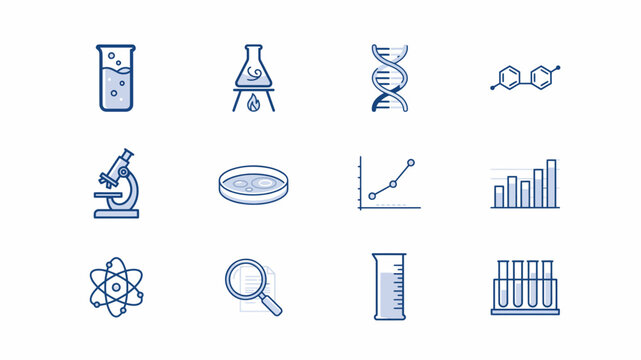 Science icons on white background blue line art illustrations symbols laboratory