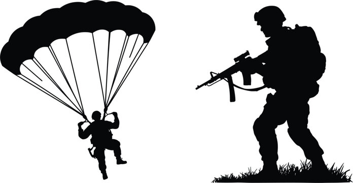 Military paratrooper and soldier silhouette vector, airborne assault forces icons for defense tactical operations and security