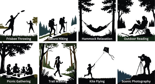 Outdoor activity silhouettes, frisbee throwing, hiking, hammock relaxation, reading, picnic gathering, trail walking, kite flying, scenic photography, nature leisure, black vector illustration