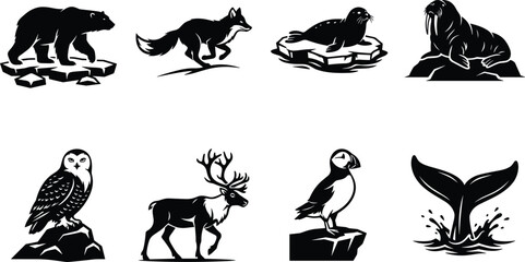 Arctic wildlife silhouette vector set, polar bear, arctic fox, seal, walrus, snowy owl, reindeer, puffin, whale tail, northern animals illustration © MdAbdus