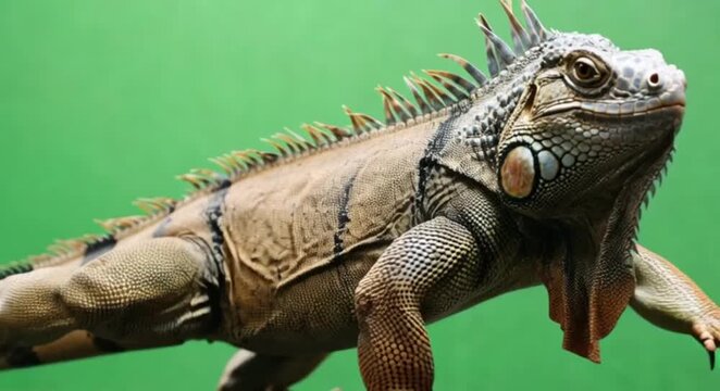 A large green iguana stands