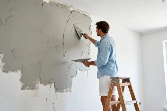 Man applying plaster on wall in bright room