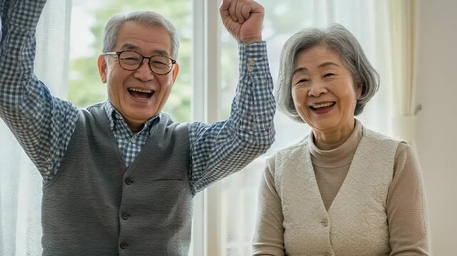カメラに向かって満面の笑みで両手を突き上げガッツポーズをするシニア夫婦