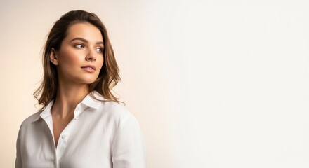 Obraz premium Professional Woman in Minimalist White Blouse with Thoughtful Expression