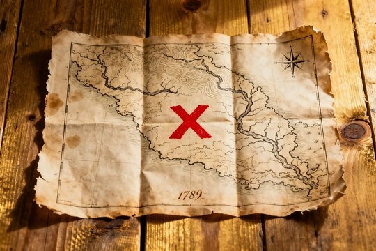 Vintage treasure map with red 'X' on wooden table