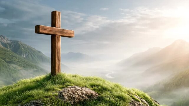 Lone wooden cross on a misty hilltop at dawn