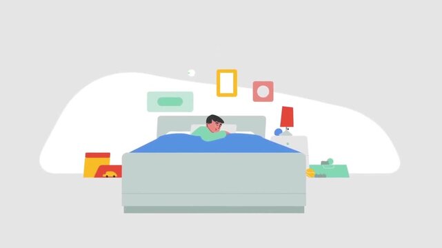 Person Sleeping Peacefully in Bedroom with Smart IoT Automation Icons Animation
