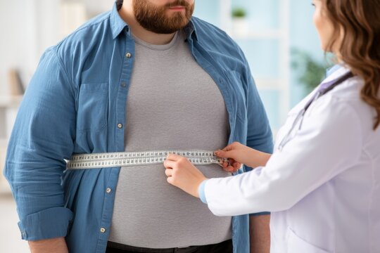 Healthcare professional measuring waist circumference of an overweight man in a clinical setting emphasizing health and fitness awareness for weight management. Generative AI
