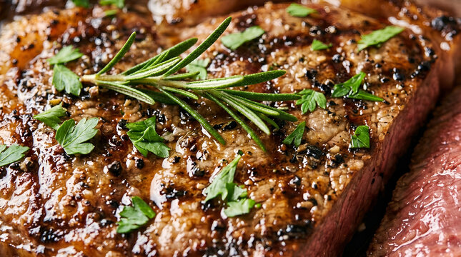Juicy grilled ribeye beef / mutton steak cooked medium rare, garnished with fresh rosemary sprigs and cracked black pepper, close-up food photography.