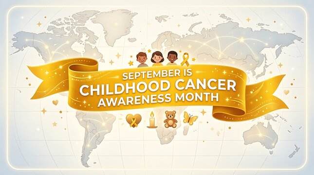 Childhood cancer awareness month gold ribbon concept on world map background