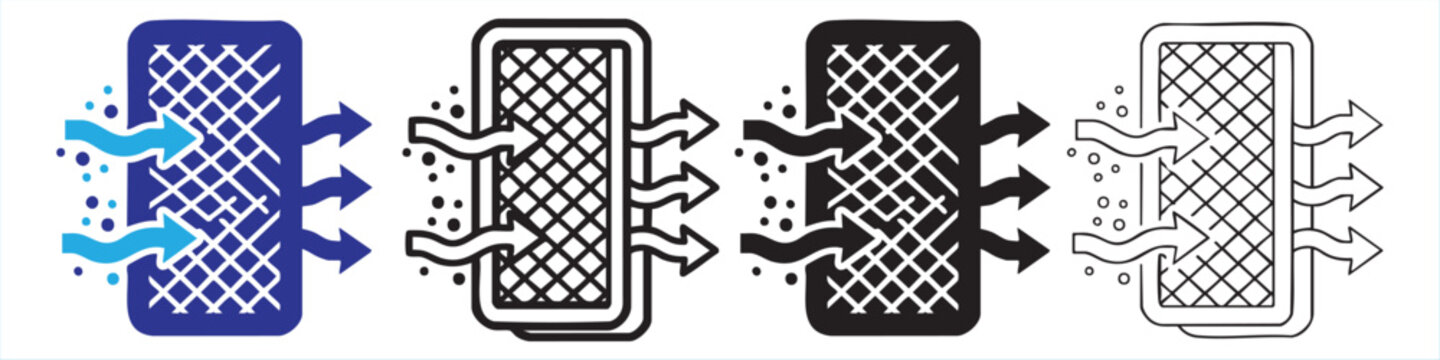 Air filter icon vector set, air purification system, clean air, remove dust and dirt particles.