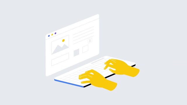 Close Up View of Hands Typing on Laptop with Floating Web Design Pages Animation