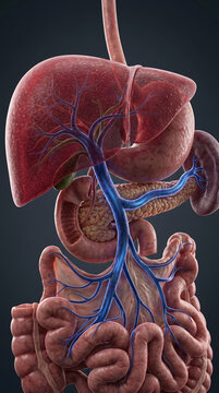 Detailed 3D anatomical illustration showing human digestive system organs including liver, stomach, pancreas, intestines, and the hepatic portal venous system.