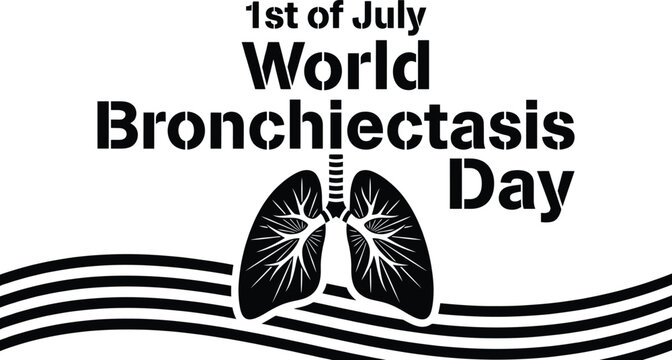 1st of july bronchiectasis day stencil text with black human lung anatomy and wavy lines on a white background