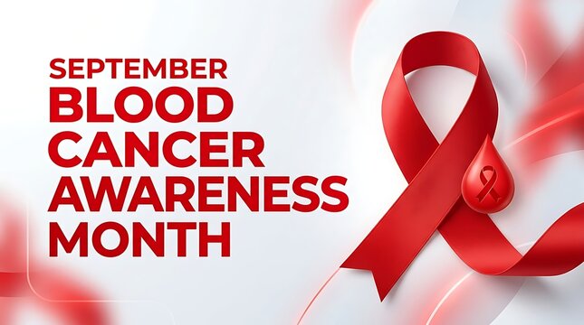 September blood cancer awareness month red ribbon and blood drop with awareness