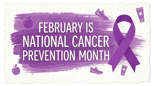 National cancer prevention month purple ribbon with health symbols, prevention