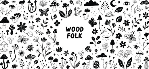 Black and white hand drawn forest and text wood folk mushroom nature © MDSHAHIN